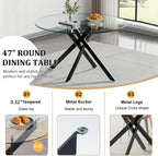 47" Round Glass Dining Table for 4-6, Circle Kitchen Table with Tempered Glass Top & Black Metal Cross Legs, Modern Glass Dinner Table for Kitchen Dining Room Small Apartment