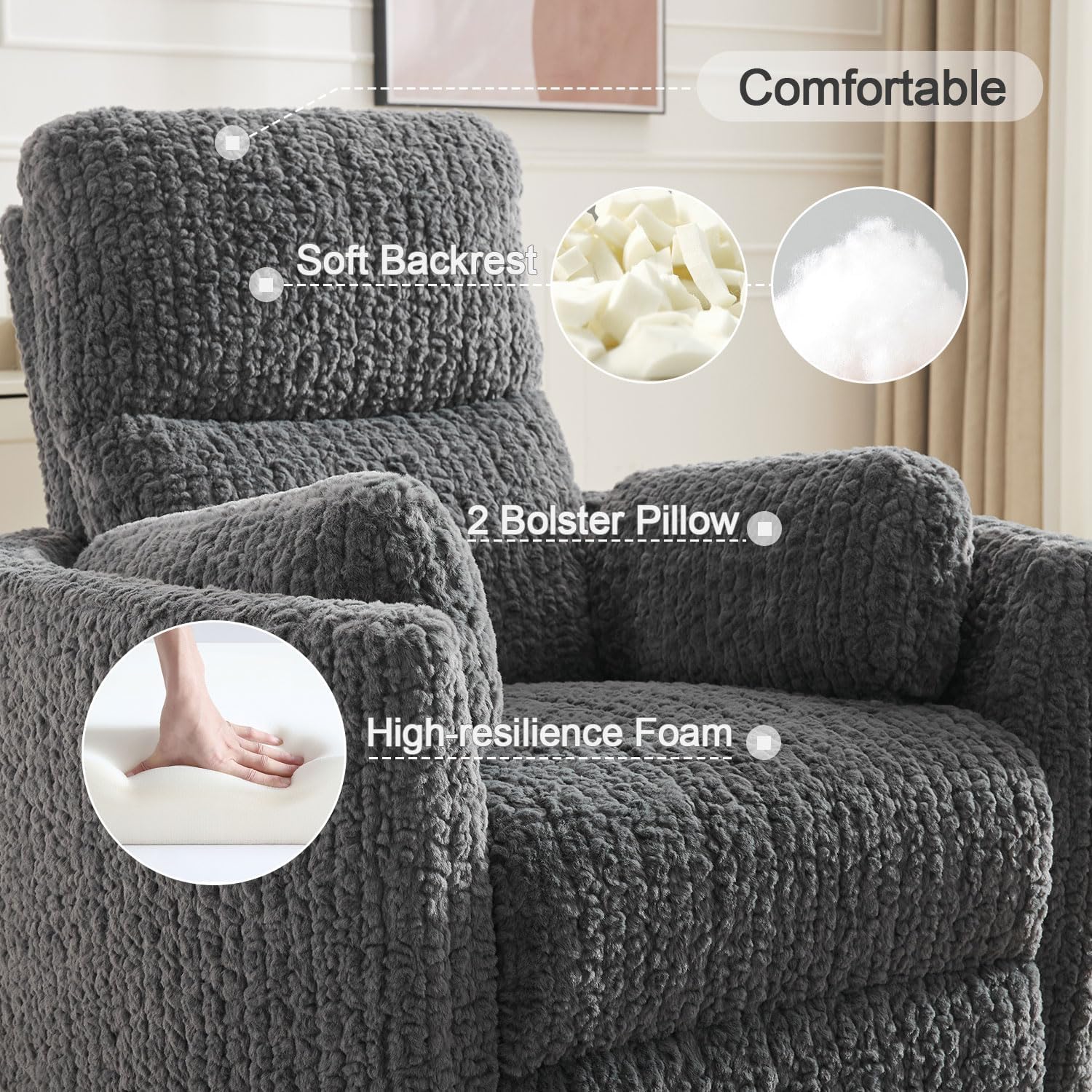 Nursery Rocking Chair, Boucle Upholstery Recliner with 2 Pillow, Swivel Glider Reclinerr, Power Reclining Sofa Chair for Living Room/Office/Apartment/Dark Gray