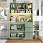 FINETONES 71" Kitchen Pantry Cabinet with LED Lights and Charging Station, Modern Kitchen Hutch Cabinets with Storage and Microwave Stand, Pantry Cabinet Buffet with Countertop, Green