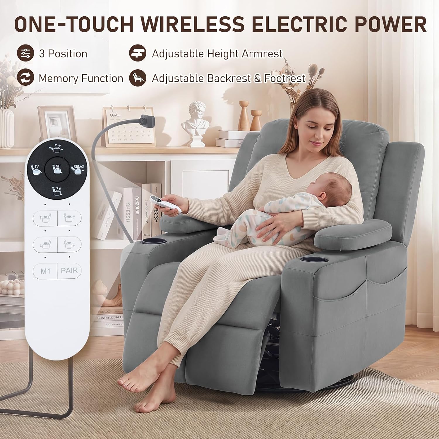 Furnimart Power Rocking Chair Nursery with Adjustable Armrests, Triple Motor Glider Recliner Swivel Nursing Chair for Breastfeeding with Phone Holder, Side Storage, Soft Waterproof Fabric, Dark Grey