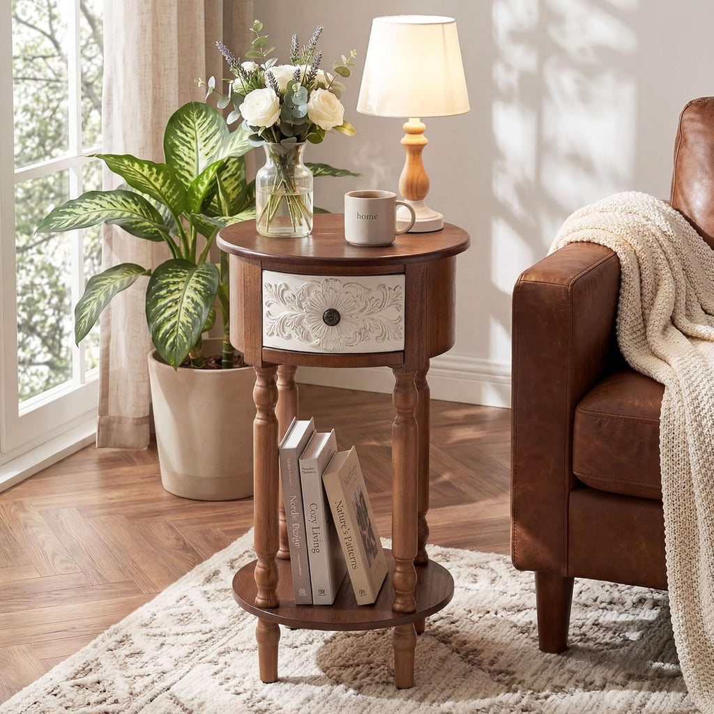 HOMPUS Wood End Table with Drawer, Round End Table with Open Shelf, Vintage Bedside Table with Plumbago Flower Pattern, Tall Wooden Nightstand, Decorative Side Table for Bedroom (Brown, 1 PC)