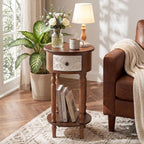 HOMPUS Wood End Table with Drawer, Round End Table with Open Shelf, Vintage Bedside Table with Plumbago Flower Pattern, Tall Wooden Nightstand, Decorative Side Table for Bedroom (Brown, 1 PC)