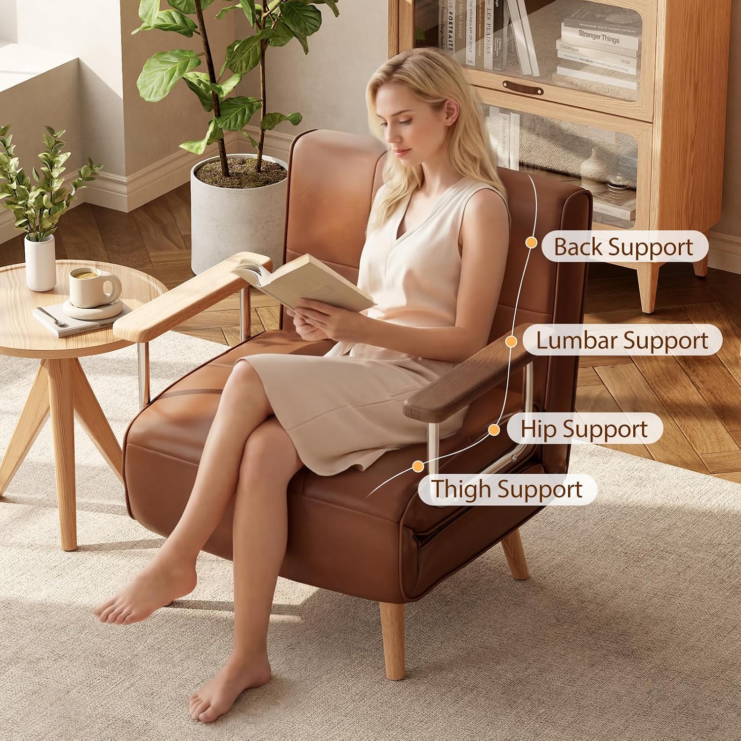 SUIYIMU Folding Chair Bed, 3-in-1 Convertible Sleeper Chair Bed (Natural Wood-Faux Leather)