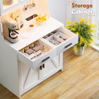 LED Kitchen Pantry Cabinet with Outlets, Farmhouse Storage Cabinet with Drawers & Adjustable Shelves, Cupboard with Pegboard and Hooks for Dining Room (White)