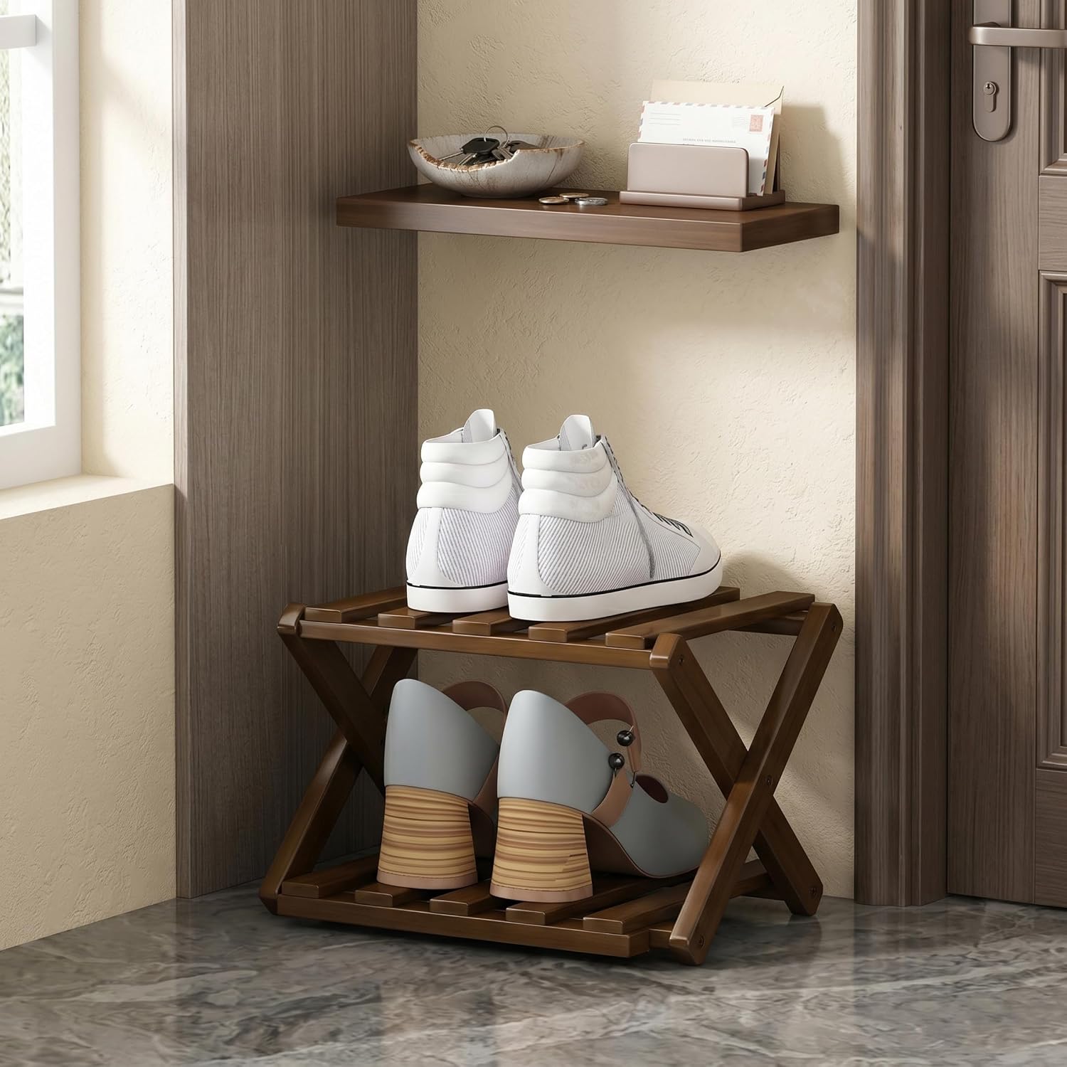Skinny Shoe Rack, Shoe Rack Bamboo: 2 Tier Foldable Skinny Shoes Organizer, Extendable Narrow for Entryway, Closet, Brown