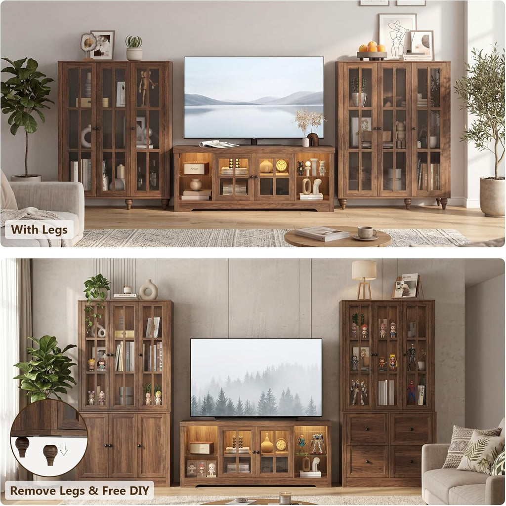 51“ Glass Display Cabinet, Curio Display Cabinet with 3 Glass Doors & Movable Shelves, China Cabinet Cedenza Storage Cabinet Bookcase Kitchen Pantry Cabinet for Collectibles (1, Cracked Oak, 51 Inch)