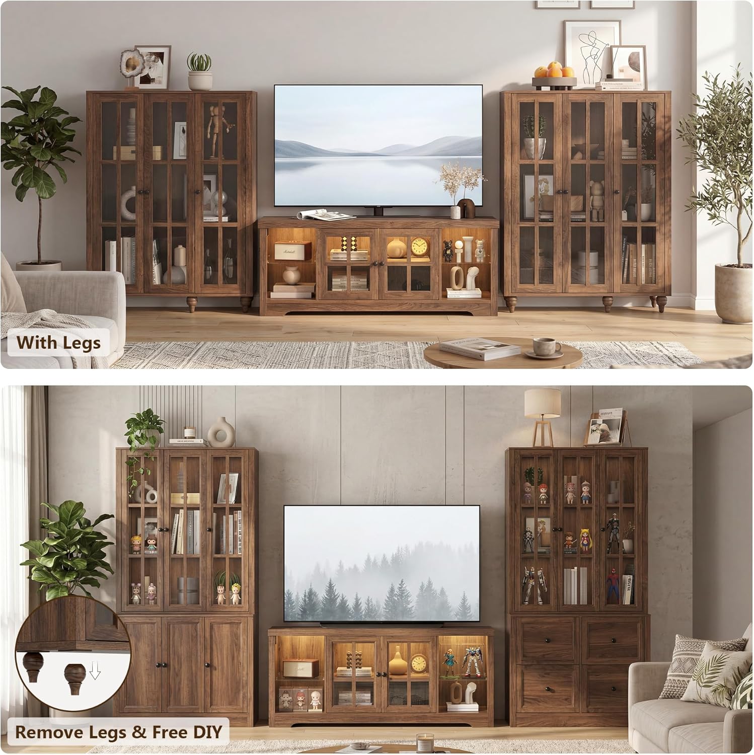51“ Glass Display Cabinet, Curio Display Cabinet with 3 Glass Doors & Movable Shelves, China Cabinet Cedenza Storage Cabinet Bookcase Kitchen Pantry Cabinet for Collectibles (1, Cracked Oak, 51 Inch)