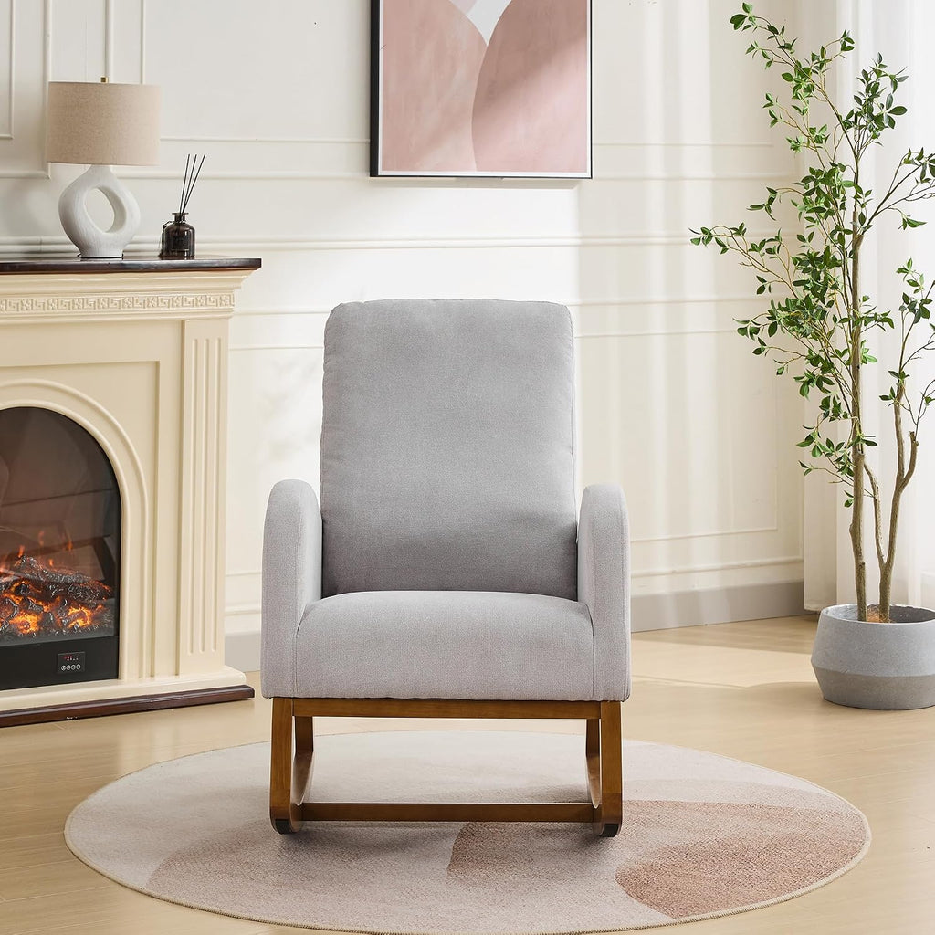 Gentle Rocking Chair, Nursery Chair, Polyester Accent Armchair with High Back, Side Pocket, Rubber Wood Legs, Light Gray, for Living Room or Bedroom