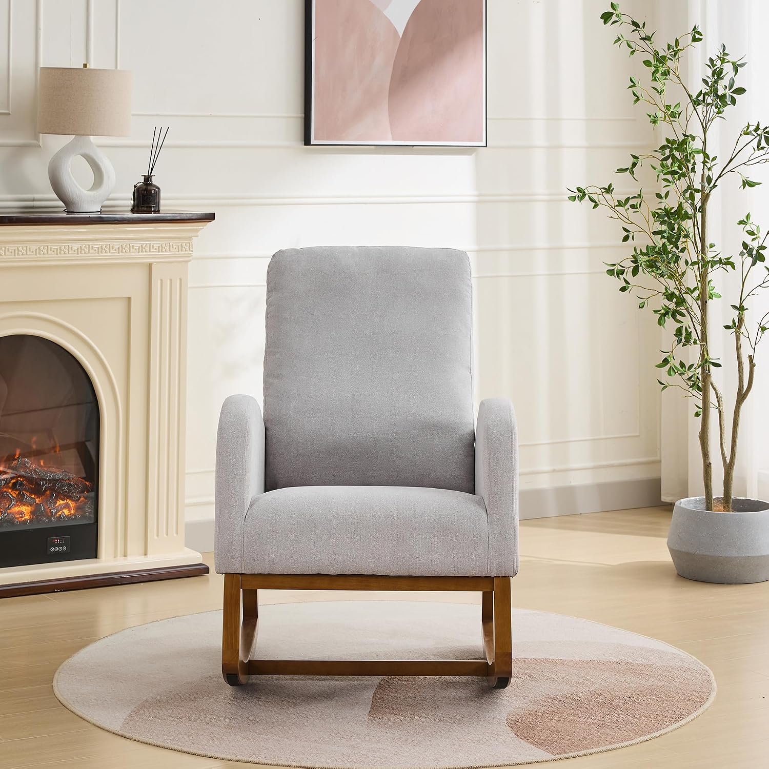 Gentle Rocking Chair, Nursery Chair, Polyester Accent Armchair with High Back, Side Pocket, Rubber Wood Legs, Light Gray, for Living Room or Bedroom