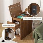 Narrow Side Table with Charging Station, End Table with Storage, Drawer and Wheels, Flip Top Small Modern Nightstand with USB Ports and Outlets for Living Room, Bedroom, Office (Walnut)