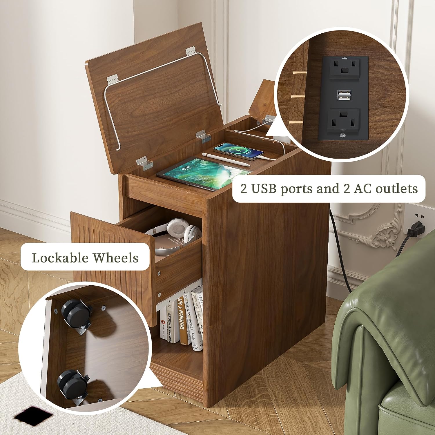 Narrow Side Table with Charging Station, End Table with Storage, Drawer and Wheels, Flip Top Small Modern Nightstand with USB Ports and Outlets for Living Room, Bedroom, Office (Walnut)