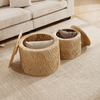 Nesting Table Set of 2 Round Wooden Coffee Tables Rustic Woven Center Table for Living Room Bedroom Apartment No Assembly Required, Natural