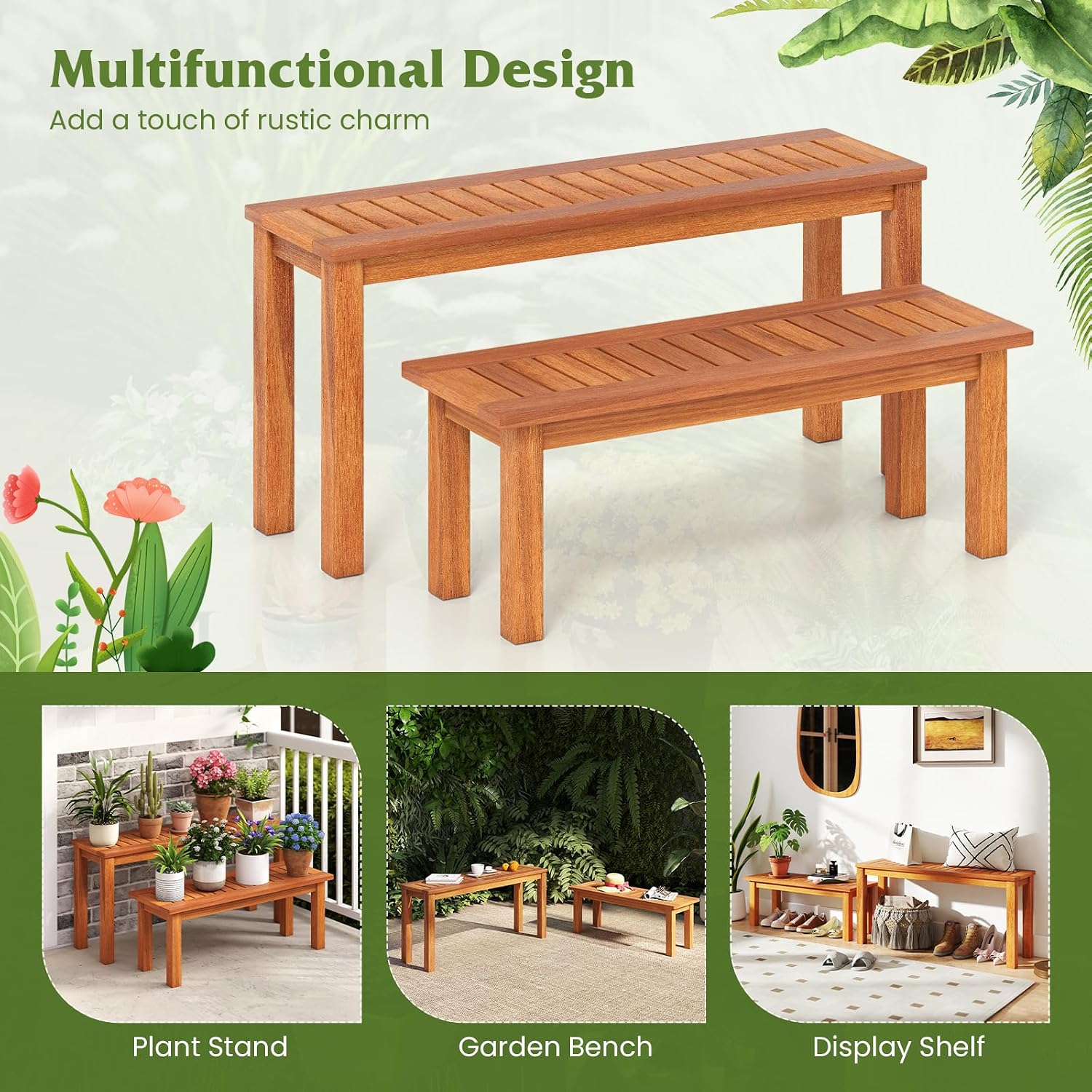 Tangkula Outdoor Backless Bench Set of 2, Solid Wood Patio Benches w/Slatted Seat, 2-Person Rustic Wooden Entryway Bench for Front Porch Garden Balcony Park Indoor, Weatherproof, Load up to 330 LBS