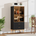 Garvee Fluted Pantry Cabinet with Glass Door and 2 Drawers, Kitchen Pantry Storage Cabinet with Adjustable Shelves, Modern Display Sideboard for Kitchen, Dining Room, Living Room, Black