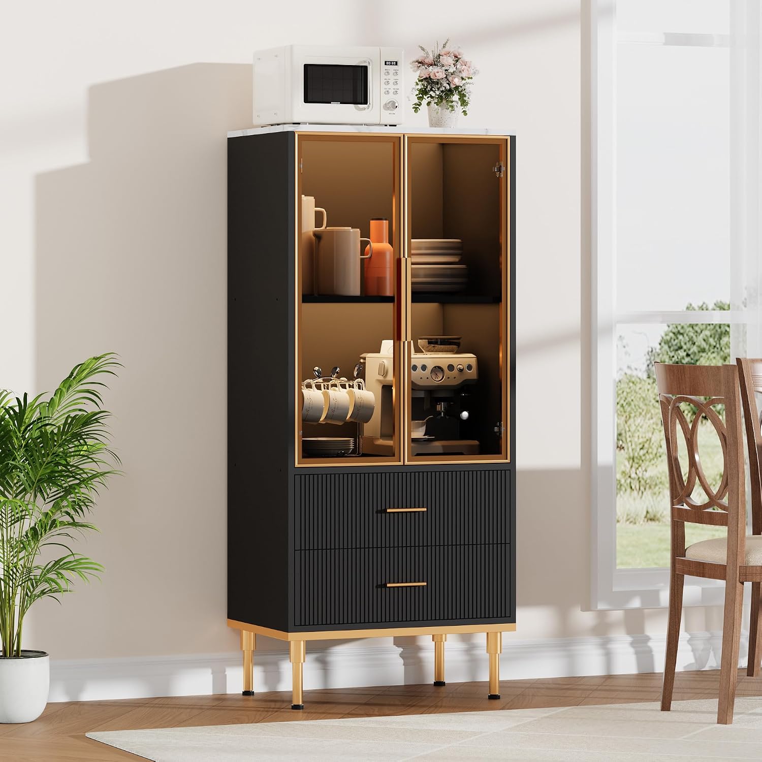 Garvee Fluted Pantry Cabinet with Glass Door and 2 Drawers, Kitchen Pantry Storage Cabinet with Adjustable Shelves, Modern Display Sideboard for Kitchen, Dining Room, Living Room, Black