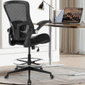 Drafting Chair, Tall Office Chair with PU Leather Seat, Standing Desk Chair Counter Height Office Chairs with 21.65'' Footrest Ring and Adjustable Lumbar Support Armrests Black