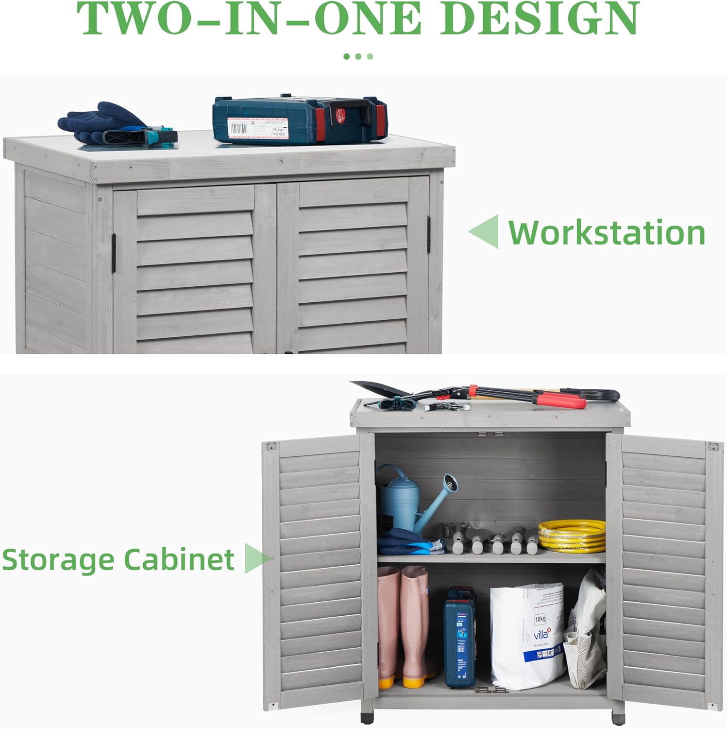 Outdoor Potting Bench with Storage Cabinet and Metal Top, Wood Workstation for Outdoor Patio, Garden (Light Grey, 31x17x36‘’)