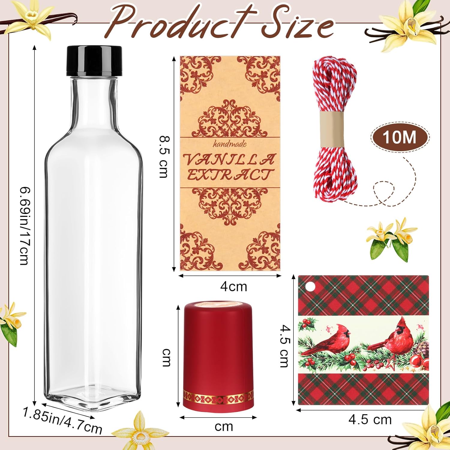 Tioncy 12 Set Vanilla Extract Bottles for Homemade 8.5 oz Glass Vanilla Jar Bottle for Syrup Gifts with Cap Shrink Band Hummingbird Tag Stickers Syrup Gifts Giving for Christmas (Clear)