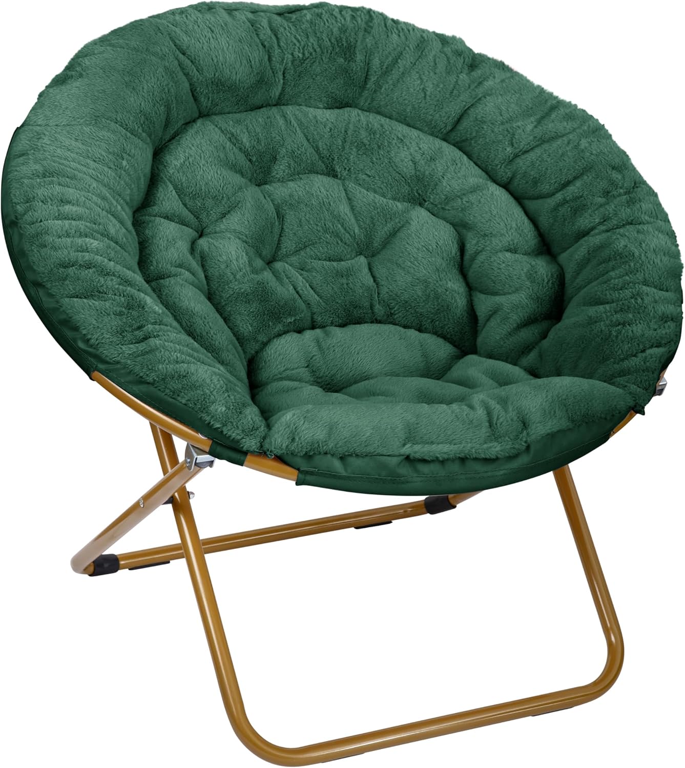 EMMA + OLIVER Ersa Oversize Folding Saucer Chair - Emerald Faux Fur Moon Chair - Soft Gold Metal Frame - 38" Portable Folding Chair - for Dorm and Bedroom