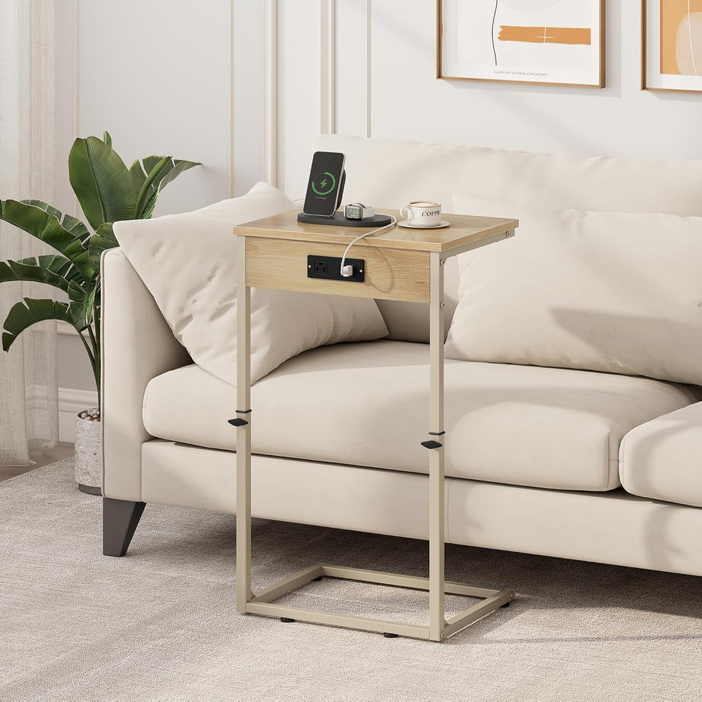 Vagusicc C Shaped End Table with Charging Station, Adjustable Height Side Table for Couch, Small Side Table, 33.2'' Tall Couch Tables that Slide Under, Tv Tray End Table for Living Room, Natural