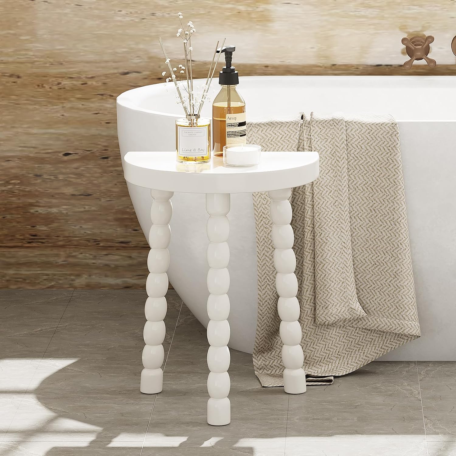 LitaEther 19.5" Wooden Bobbin Leg Side Table - Half Round Table - Wooden Accent Stool- Half Moon Tripod Table for Bedroom, Hallway, Living Room, Sofa Side (White,1pcs)