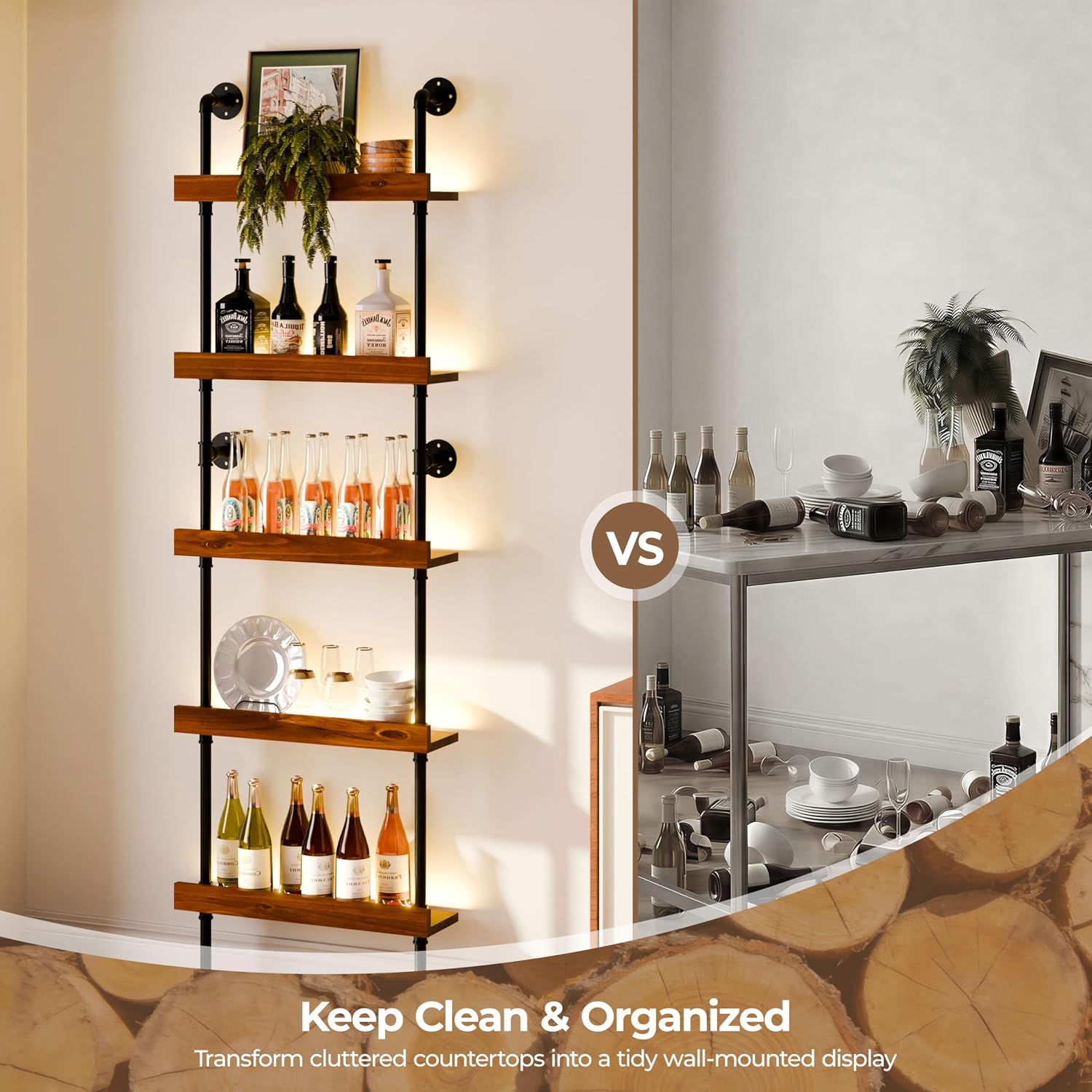 Industrial Bar Shelves, Wine Rack Wall Mounted, Walnut, 24 Inch | solid pinewood, industrial iron pipe, 5 tier, 30 lbs per shelf, with LED light, for kitchen, bar, cellar