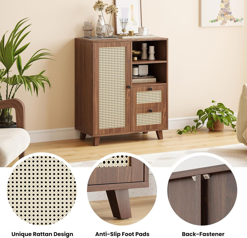 Farini Side Buffet Cabinet with Rattan Doors,Kitchen Sideboard with 2 Drawers Coffee Bar Storage Console Table,Walnut,27.6 inch
