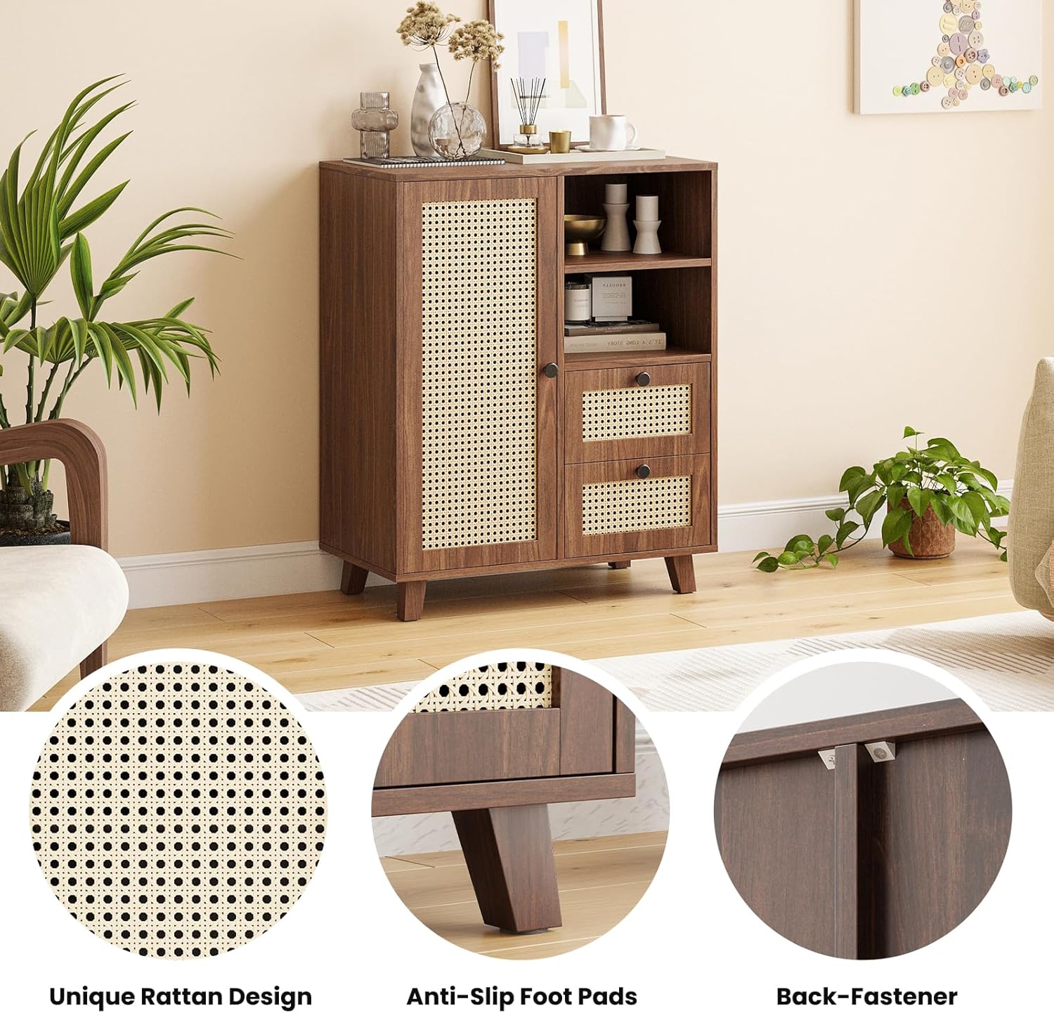 Farini Side Buffet Cabinet with Rattan Doors,Kitchen Sideboard with 2 Drawers Coffee Bar Storage Console Table,Walnut,27.6 inch