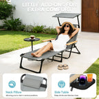 Outdoor Chaise Lounge Chair with 4-Position Adjustable Backrest,Patio Folding Sun Tanning Chair,Pillow & Cup Holder,Portable Recliner Sunbathing Lounger Chairs for Beach Garden (Grey with Shade)