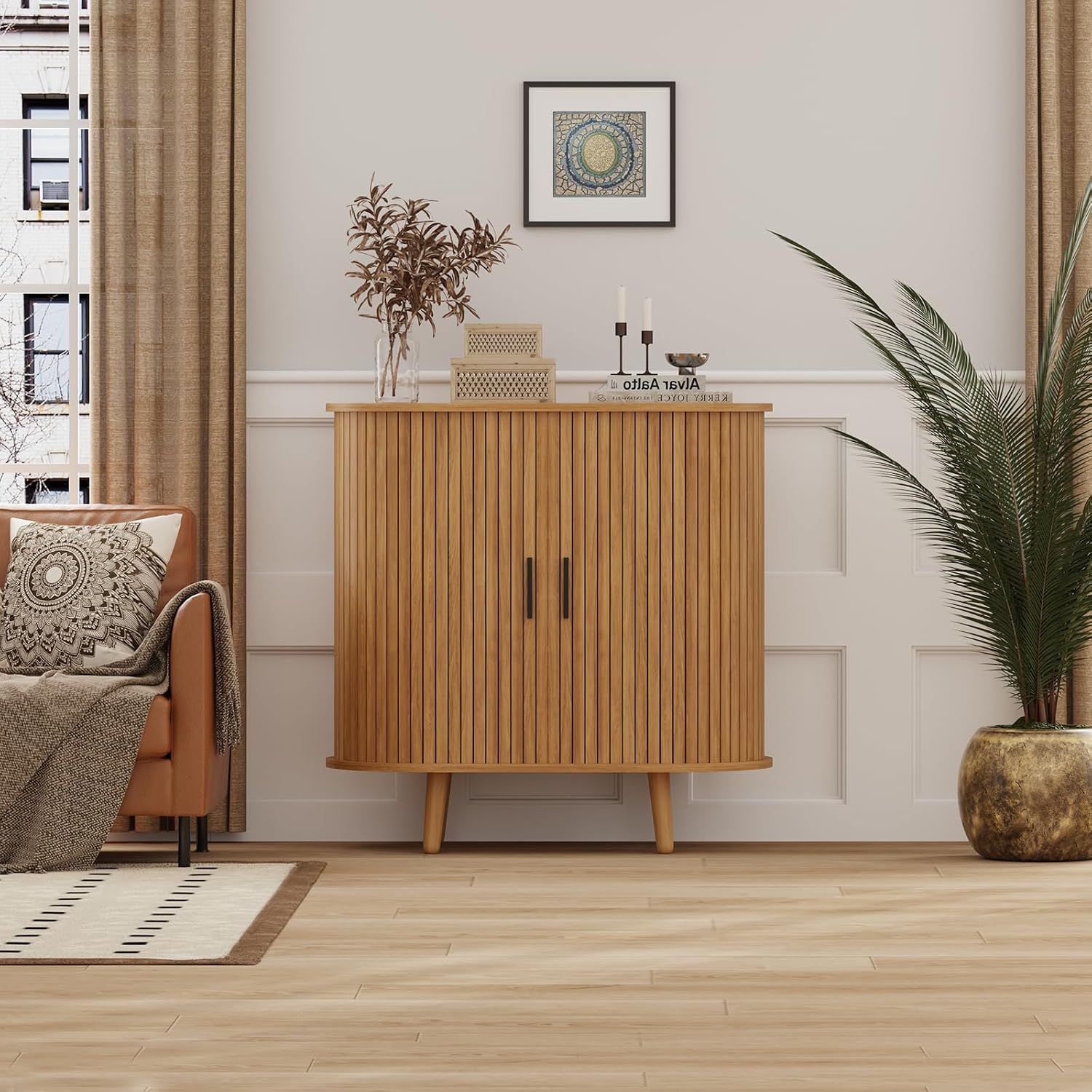 31.5" Buffet Cabinet,Sideboard Buffet Cabinet with Storage,Sideboard Console Table with Sliding Door & Adjustable Shelf,Curved Edge Sideboard Cabinet for Living Room, Kitchen(Natural)