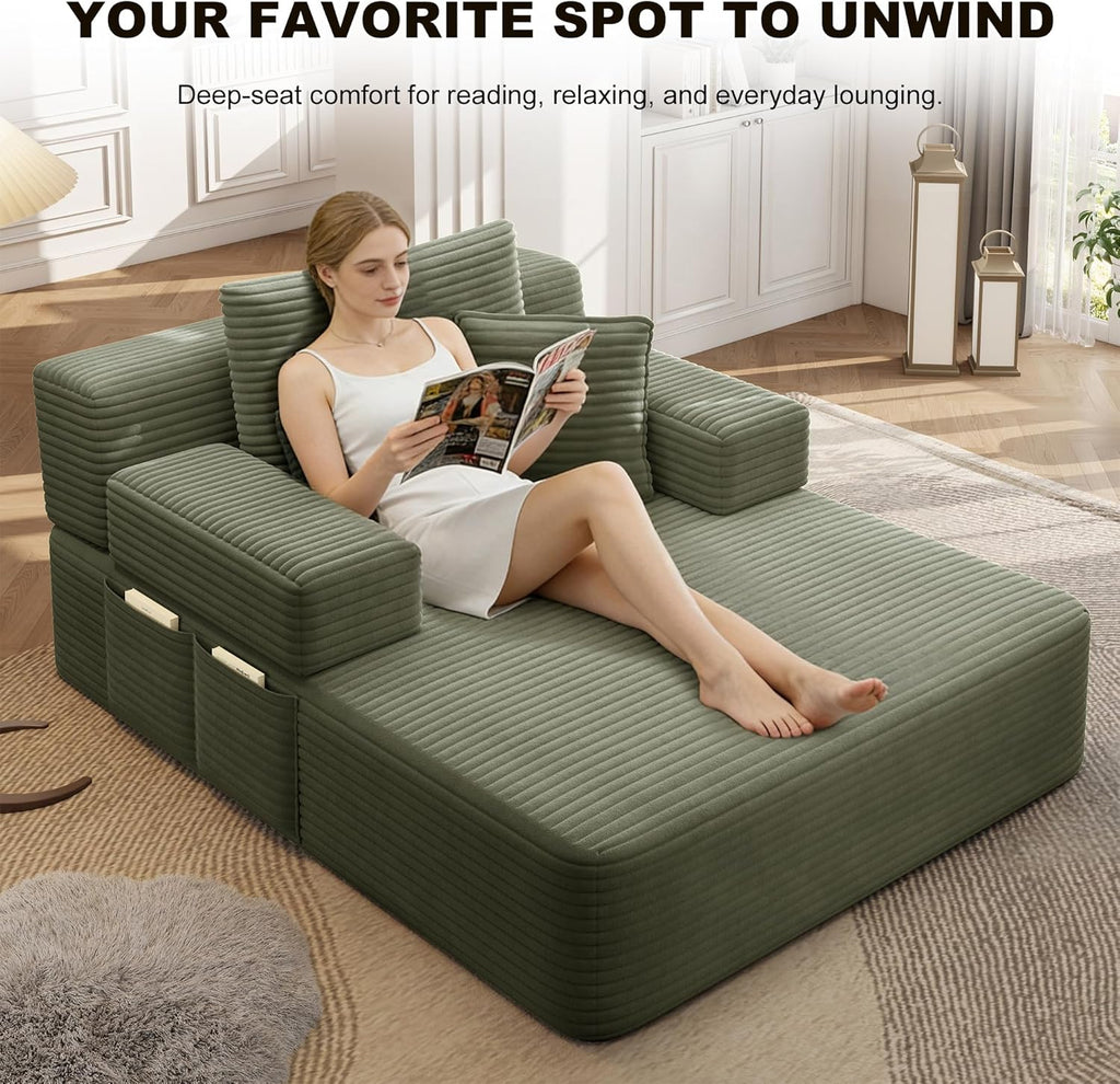60.2" Oversized Chaise Lounge Chair, Boneless Corduroy Cloud Couch, Deep Seat Convertible Sofa Bed with 3 Pillows, Wide Armrests, Side Pocket, No Assembly (Green)