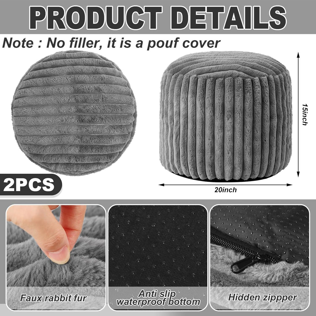 Teenyyou 2 Pcs 20 x 15 Inch Unstuffed Pouf Cover Ottoman Foot Rest - No Filler, Faux Rabbit Fur Foot Stool Floor Bean Bag Floor Chair Storage for Living Room Bedroom Home Decor(Gray)