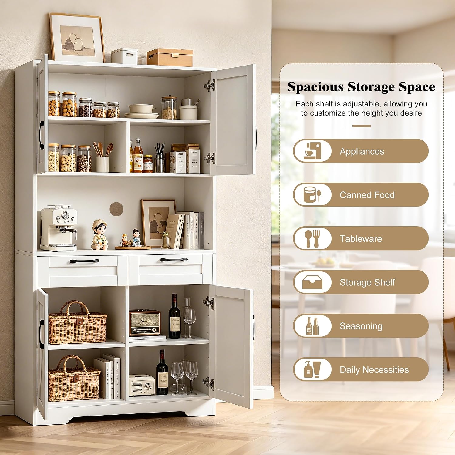 Tall Kitchen Pantry Cabinet with 2 Drawers, White Hutch Cabinet with Storage, Kitchen Pantry Storage Cabinet with Countertop and Adjustable Shelf, Tall Pantry for Kitchen