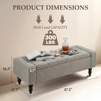 Storage Bench for End of Bed, 47 Inch Upholstered Storage Ottoman Bench with Removable Lid, Diamond Tufted Hidden Storage Bench for Bedroom, Entryway Bench with Solid Wood Legs, Gray