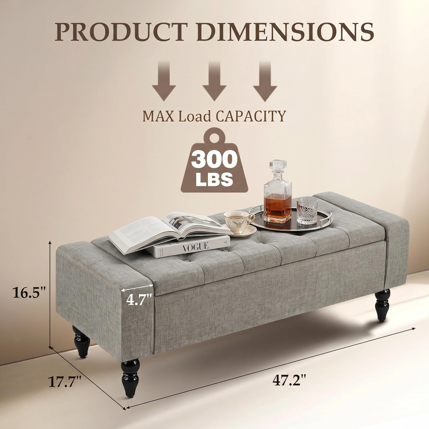 Storage Bench for End of Bed, 47 Inch Upholstered Storage Ottoman Bench with Removable Lid, Diamond Tufted Hidden Storage Bench for Bedroom, Entryway Bench with Solid Wood Legs, Gray