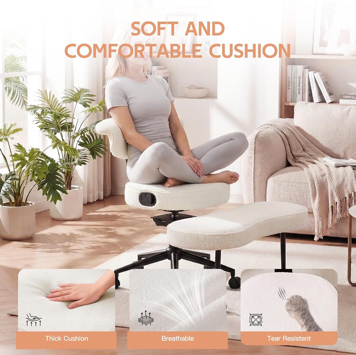 Ergonomic Kneeling Chair with Wheels, Cross Legged Office Chair with High Lumbar Support, 360° Swivel Meditation Chair for ADHD & Yoga, Wide Criss Cross Chair for Home