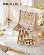 SONGMICS 2-Layer Jewelry Box Organizer, Jewelry Storage Case with Removable Tray and Handle, for Necklaces, Earrings, Rings, Bracelets, 6.7 x 8.1 x 3.7 Inches, Gift Idea, Cream White UJBC208WD01