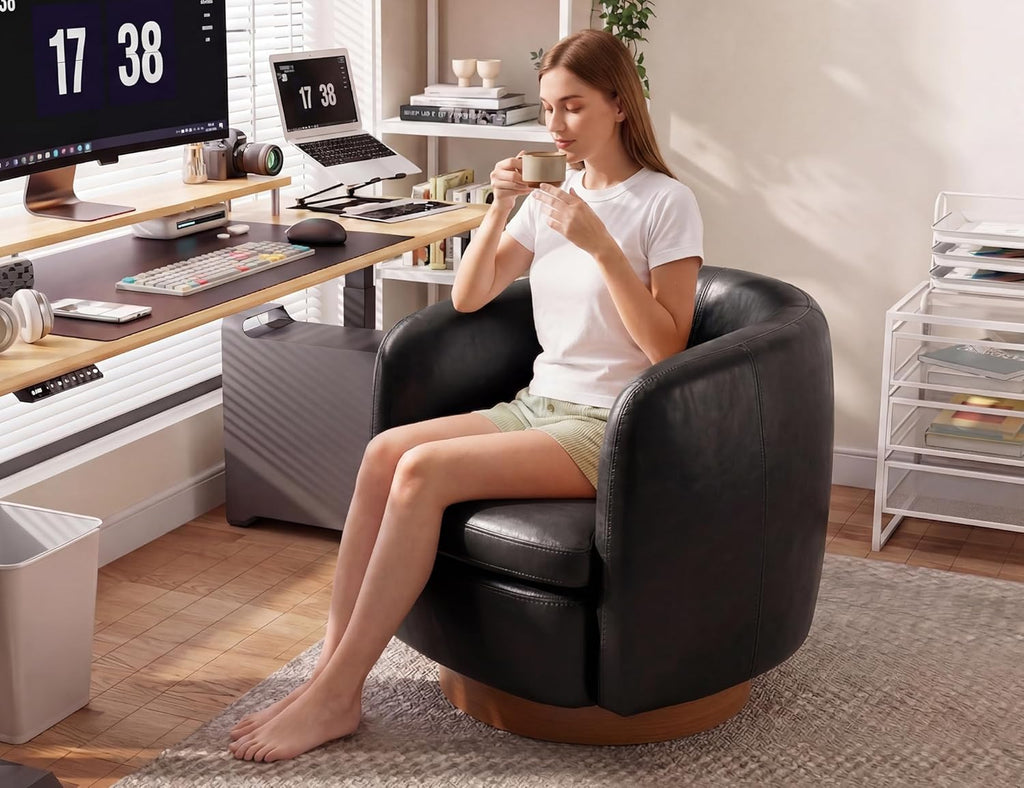 Mistpeople Swivel Barrel Accent Chair, 360° Rotating Small Single Sofa Chair, Upholstered Round Armchair with Solid Wood Base, Modern Comfy Mini Sofa for Living Room, Bedroom, Office, Black