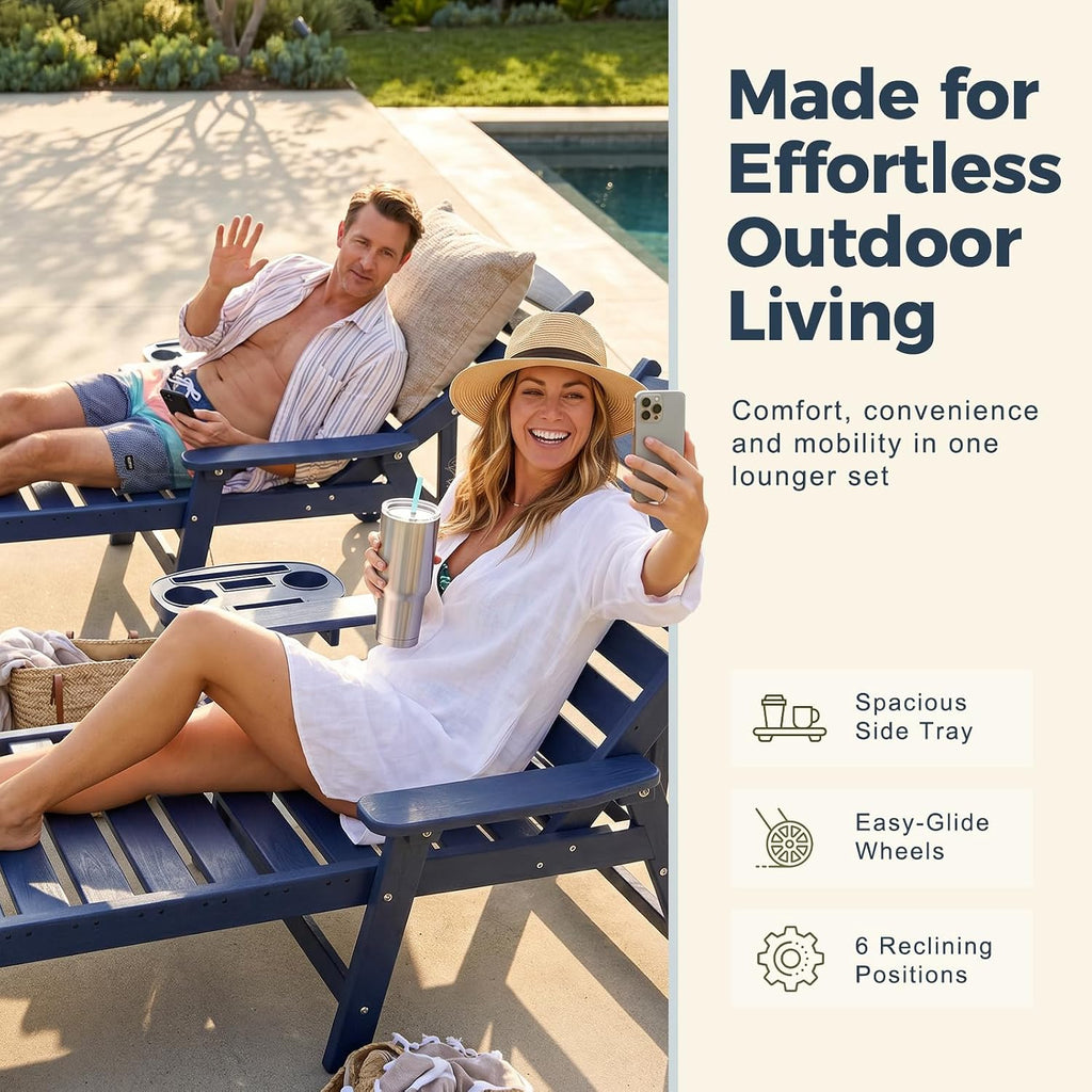 78" HDPE Chaise Lounge Chairs Set of 2, 6-Position Adjustable Poolside Recliner with Foldable Side Tray, Built-in Wheels, All Weather Waterproof Outdoor Patio Lounge Chair for Pool Deck Backyard, Navy