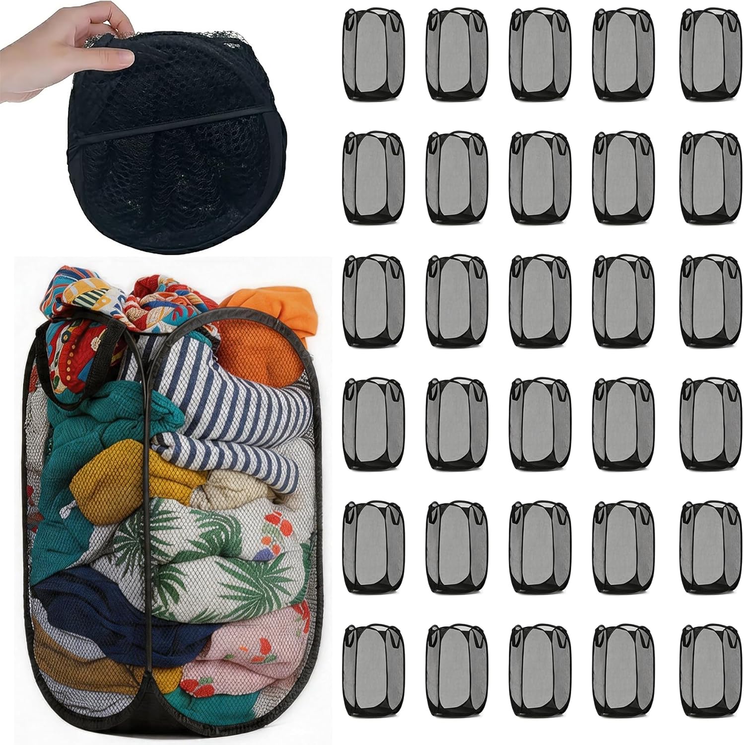 30 Pack Commercial Pop Up Laundry Hampers, 112L Large Capacity, Foldable Mesh with Steel Frame, Oxford Fabric Bulk Laundry Baskets for Hotels, College Dorm and Property Management,15.7x 27.6 inch