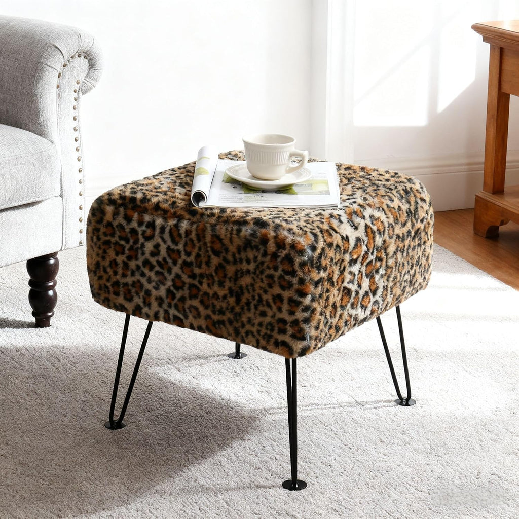 Home Soft Things Cheetah Vanity Chair 17" x 17" x 17" Square Footrest Upholstered Mink Fabric Decor for Living Room End of Bed Entryway or Bedroom Sitting Stool with Storage Need Assemble