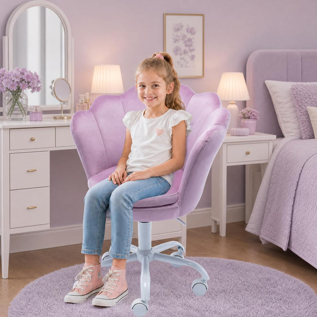 Cute Kids Desk Chair, Velvet Adjustable Ergonomic Chair for Students, Modern Upholstered Swivel Rolling Vanity Chair Child Computer Chair for Girls Bedroom/Study Room/Make Up, Light Purple
