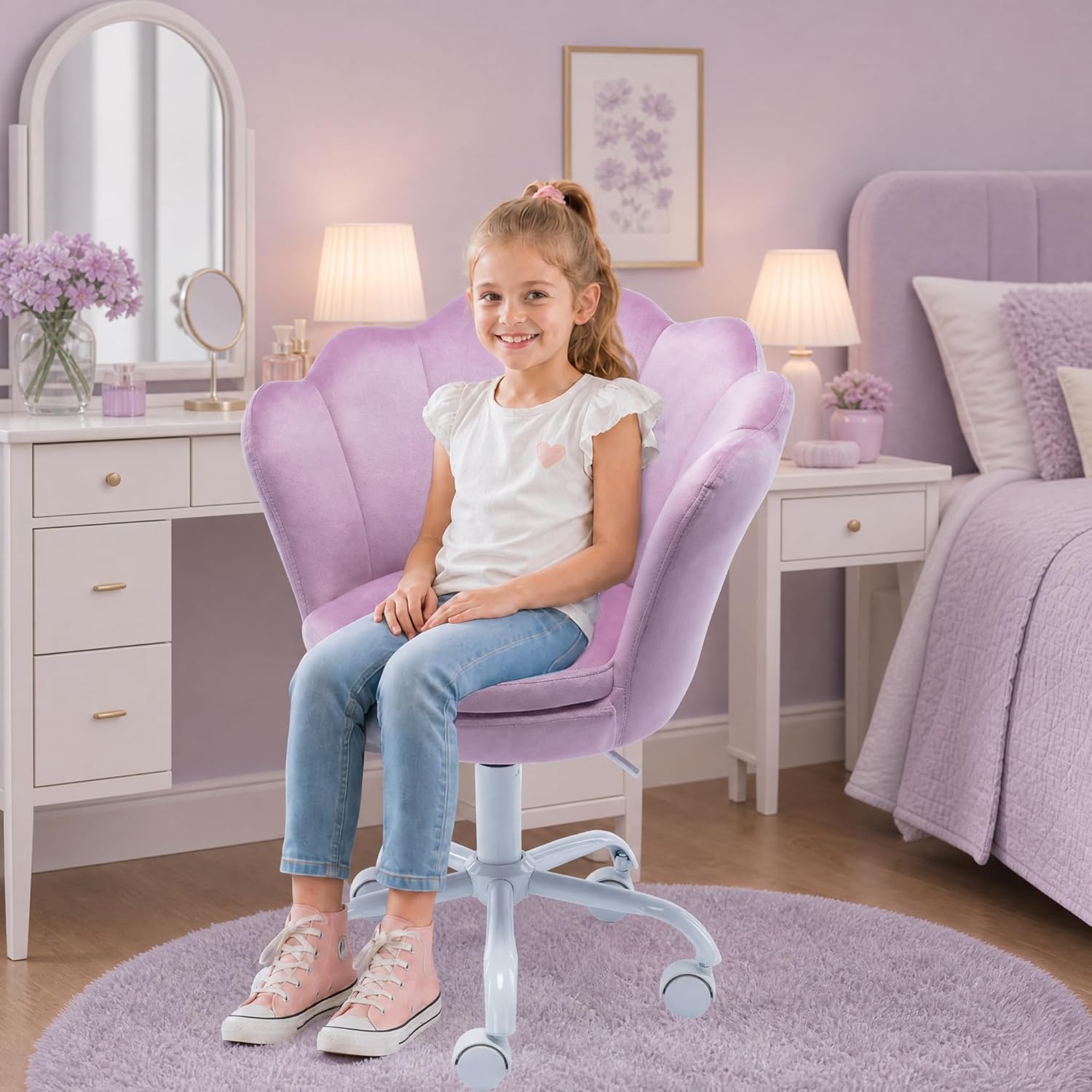 Cute Kids Desk Chair, Velvet Adjustable Ergonomic Chair for Students, Modern Upholstered Swivel Rolling Vanity Chair Child Computer Chair for Girls Bedroom/Study Room/Make Up, Light Purple