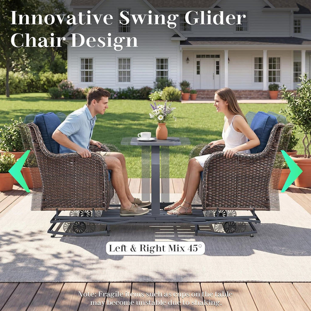 Rilyson Luxury Outdoor Wicker Glider Rocker Chairs for 4 Person, Outdoor Furniture Sets with 2 Piece Wicker Swivel Rocker Chairs, Rattan Glider Rocker Chairs with Table for 2 Seats Brown/Blue