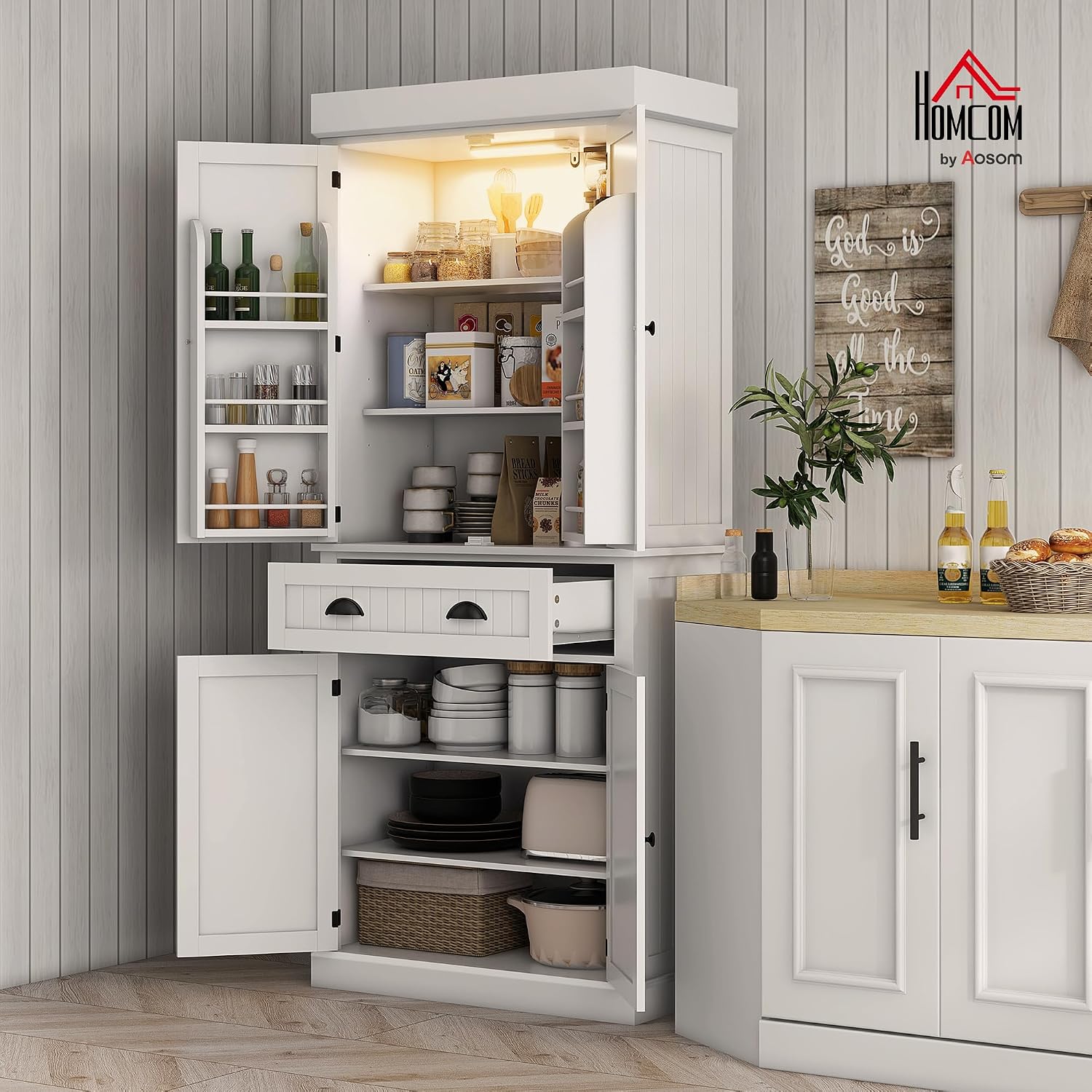 HOMCOM 71" Kitchen Pantry Cabinet with LED Motion Sensor Light, Tall Storage Cabinet with 6 Door Shelves, Drawer & Adjustable Shelves, for Living & Dining Room, White