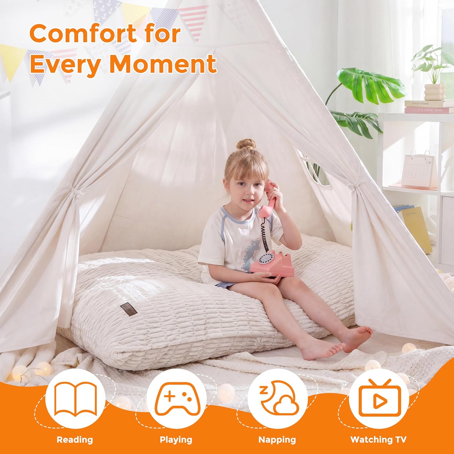 MAXYOYO Kids Bean Bag Chair, 3 in 1 Convertible Bean Bag Sofa with Removable Cover for Children, Soft Floor Lounger with Supportive Shredded Foam Filling, Floor Cushion Chair for Living Room, Playroom