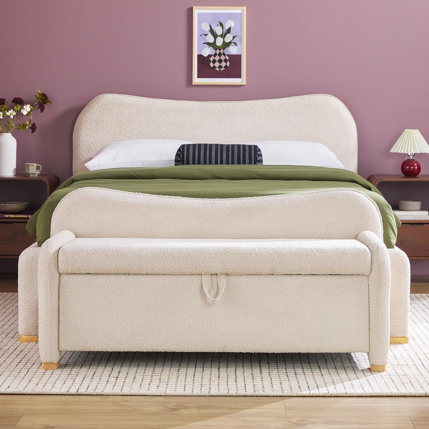 Walker Edison Chantelle Modern Contemporary Curved Upholstered Bench with Storage, 56 Inch, Ivory Bouclé