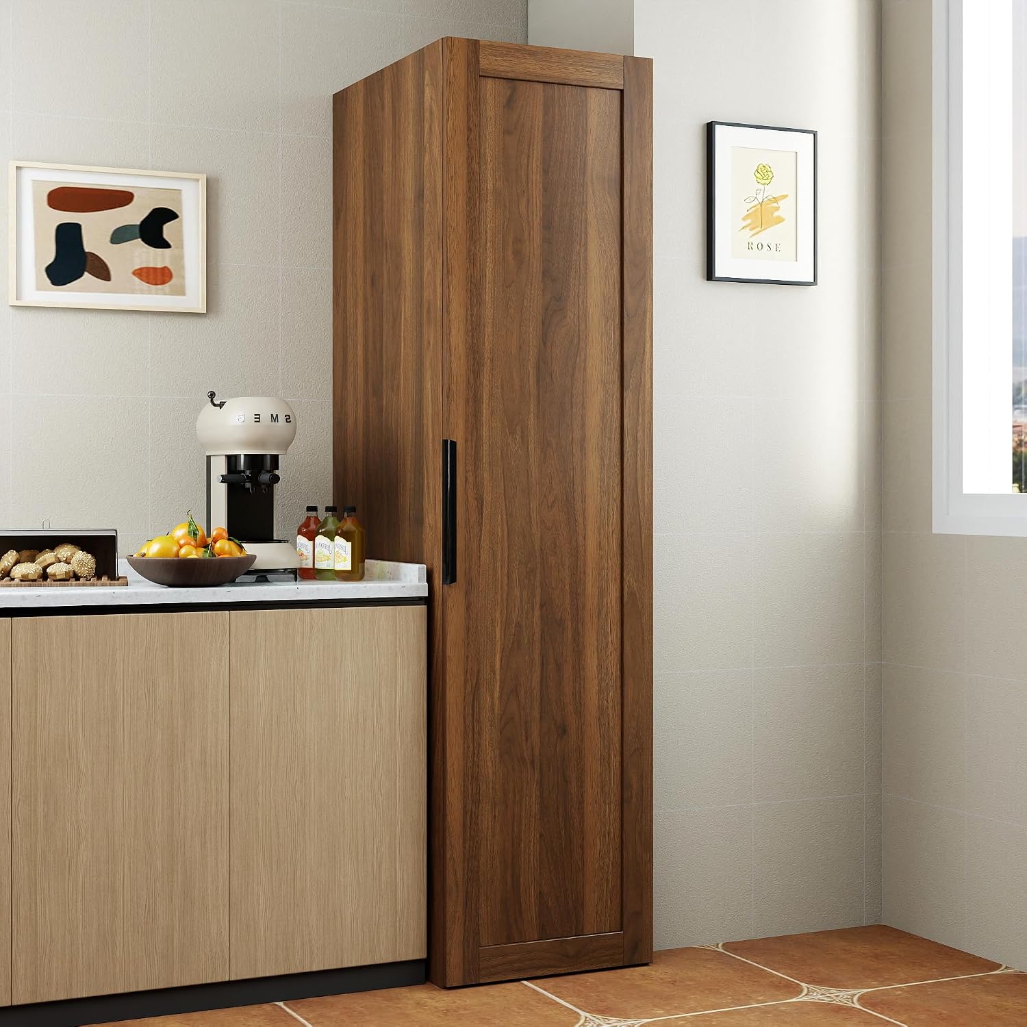 63 " Narrow Kitchen Pantry Storage Cabinet with Shelf & Side Racks (Walnut) | Slim Narrow Cabinet Single Door with Adjustable Shelves, Wheels & Side Racks, Easy Assembly for Kitchen Small Space