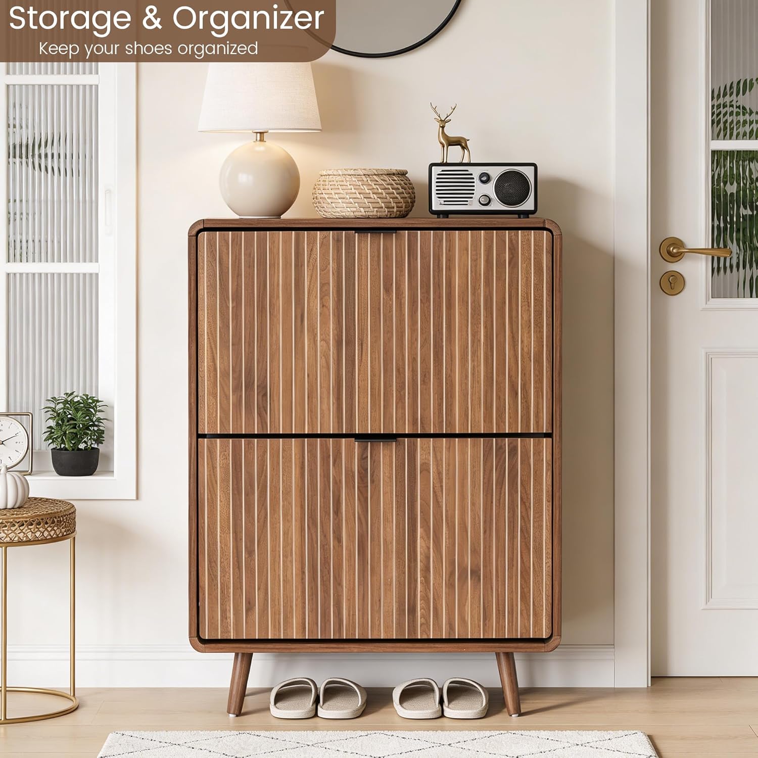FurSch Fluted Shoe Storage Cabinet with 2 Flip Drawers, Narrow Shoe Rack Cabinet Organizer with Adjustable & Removable Shelves for Entryway (All Walnut, 2 Drawers)