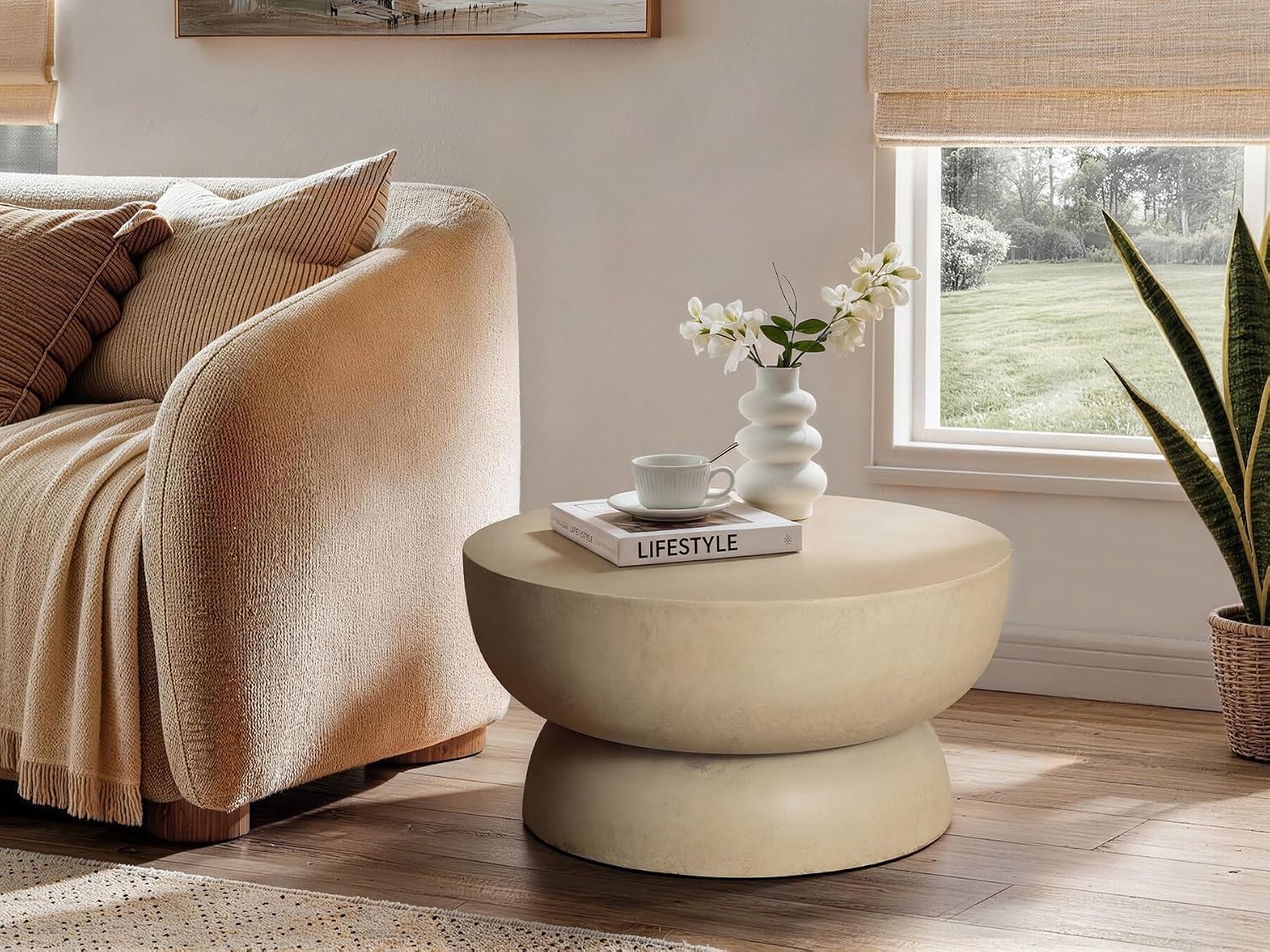 Round End Table, Modern Concrete Side Table with Sculptural Pedestal Base, Low Profile Accent Table for Living Room Bedroom Patio, 23.8" Beige